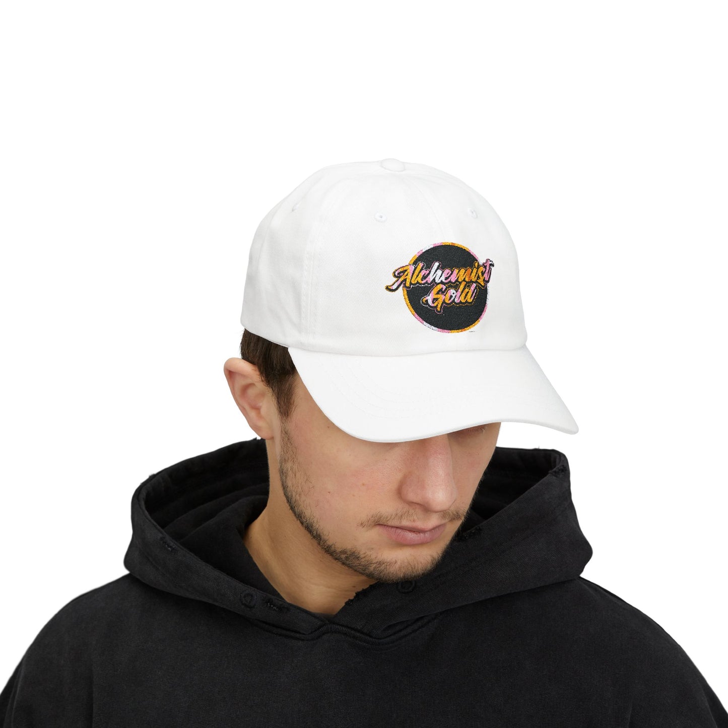 Alchemist Gold Embroidered Dad Cap - Casual White Hat for Everyday Style