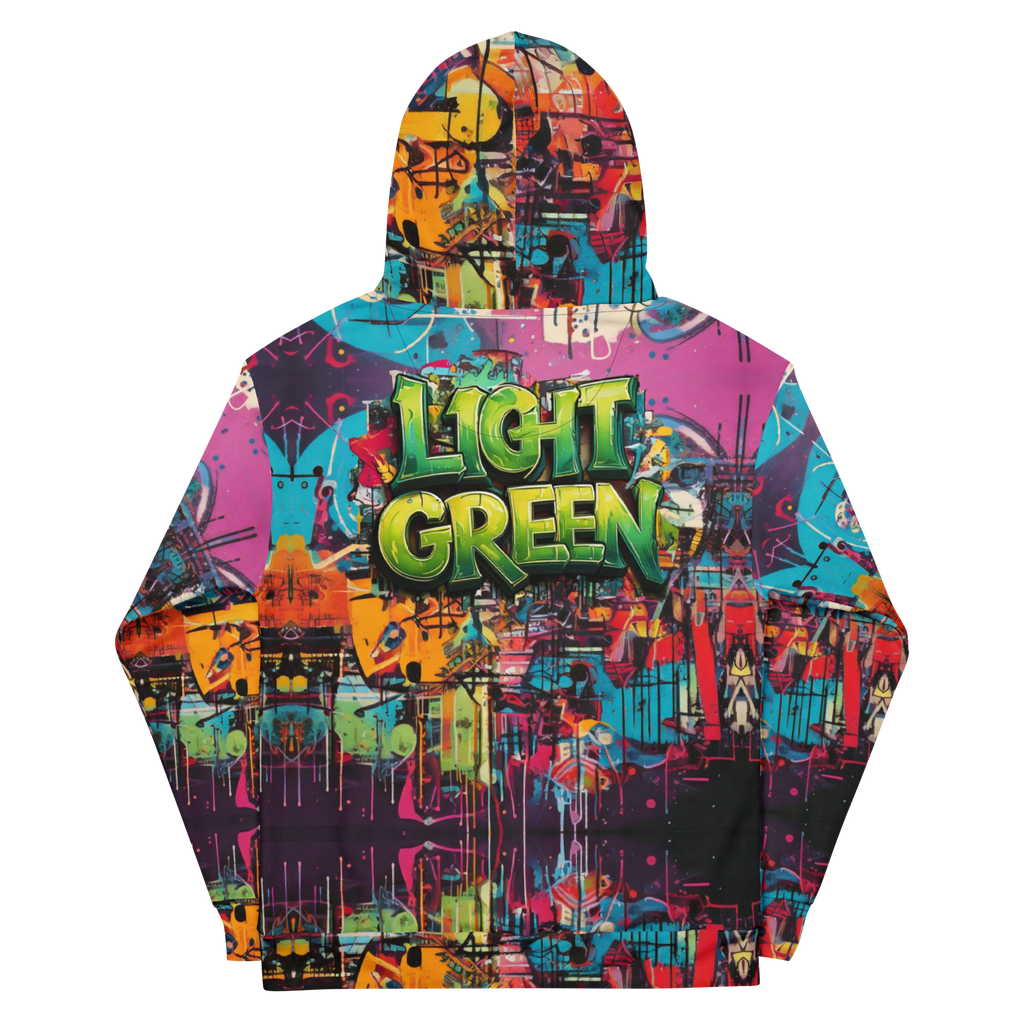 Light Green Cityscape Hoodie – All-Over Graffiti Print