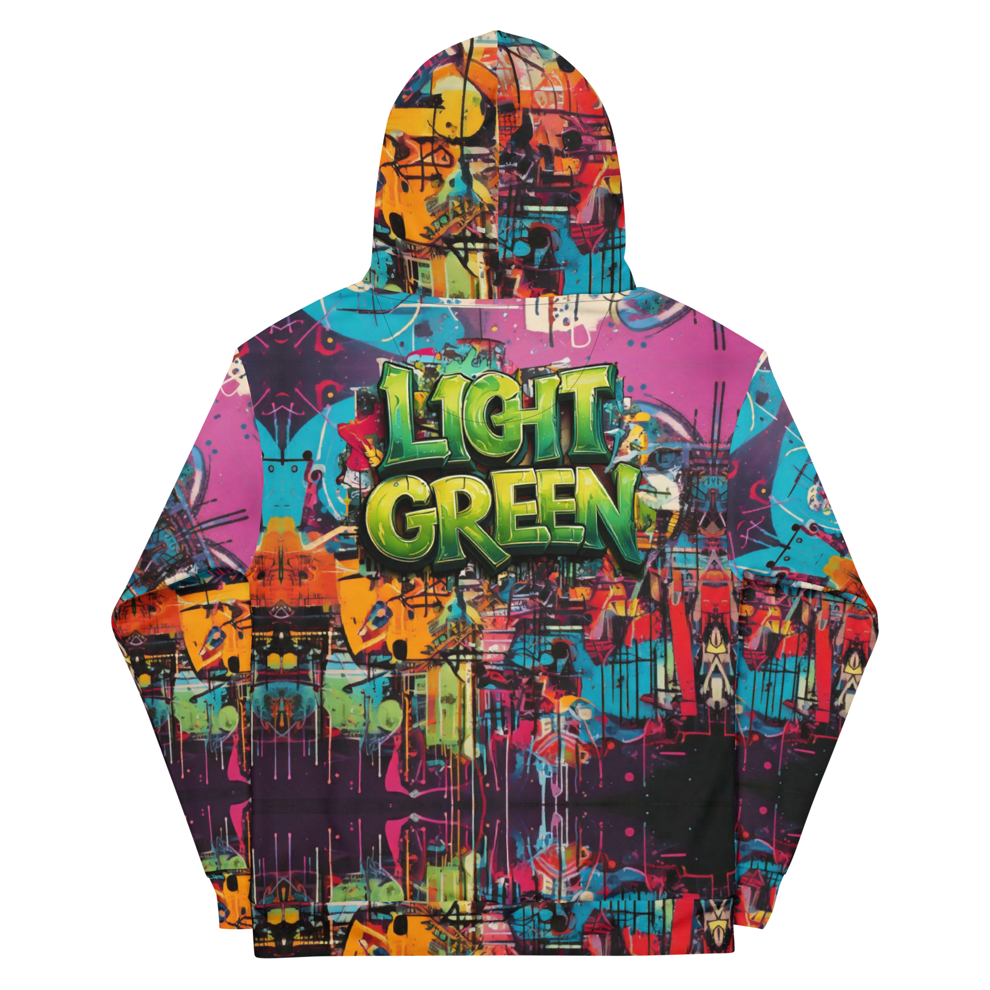 Light Green Cityscape Hoodie – All-Over Graffiti Print